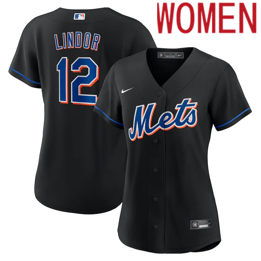 Custom Women New York Mets #12 Francisco Lindor Nike Black 2022 Alternate Replica Player MLB Jersey